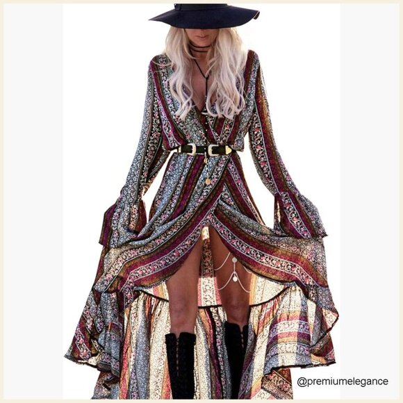 Dresses & Skirts - Long Sleeve Maxi Dress Wrap Tie V Neck Floral Boho Summer